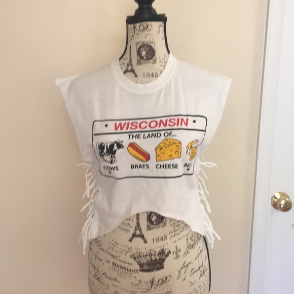 NEW Upcycled Funny Wisconsin Crop Fringe Top Beer - Picture 2 of 4